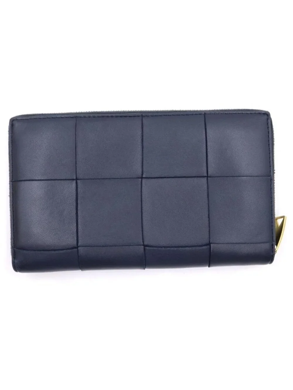 Bottega Veneta Maxi Intrecciato Round Zip Wallet Card Case Navy Leather Gold